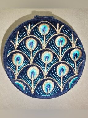 Embroidered Peacock Feather Round Pouch - Navy & Teal